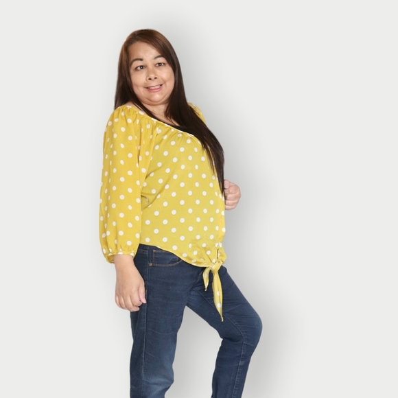 COLLECTION COSTA BLANCA WOMENS L YELLOW & WHITE POKA DOT SHIRT - Picture 11 of 14